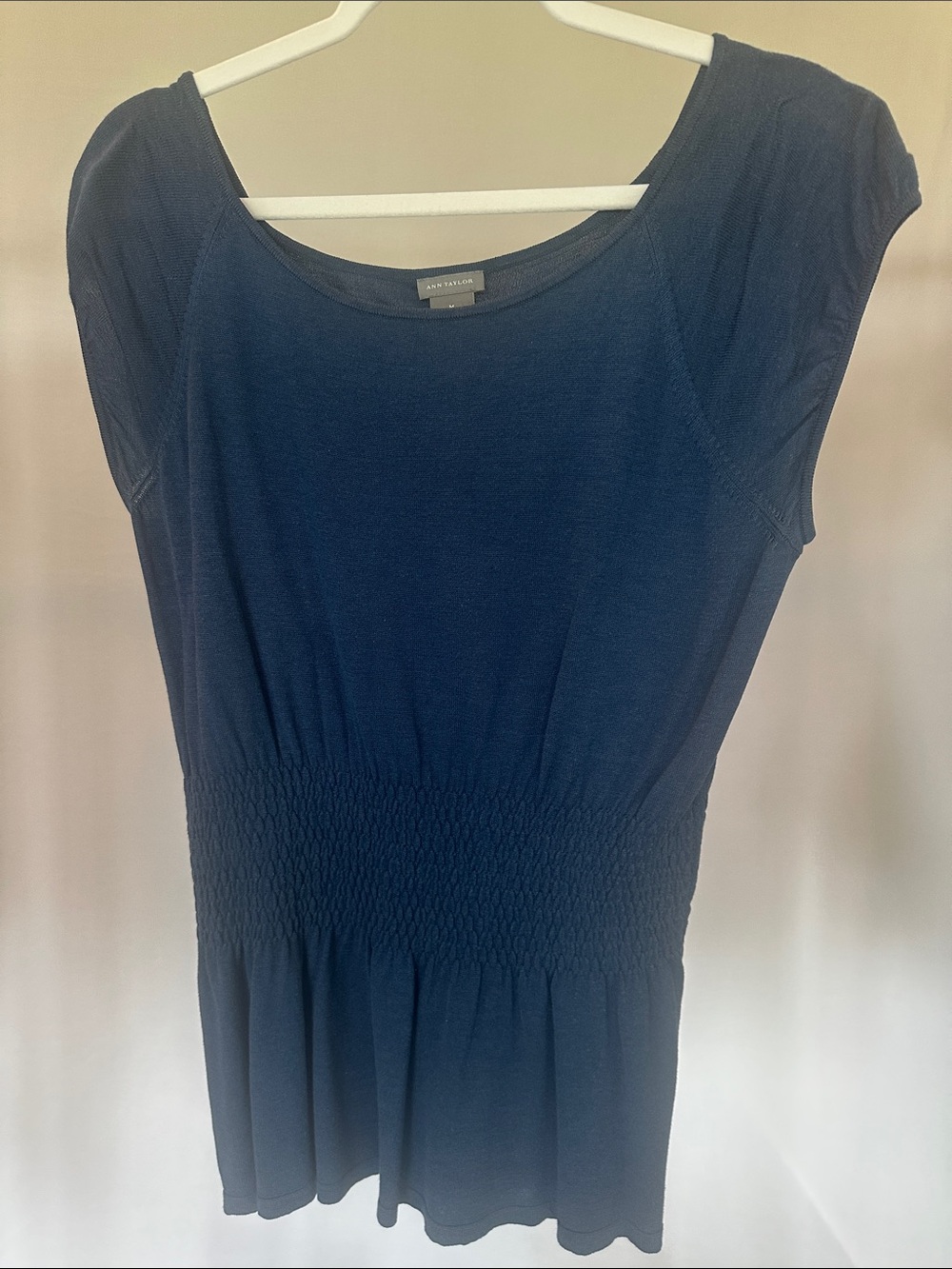 Ann Taylor Navy Blue Silk Cotton Smocked Waist Knit Top-Size M